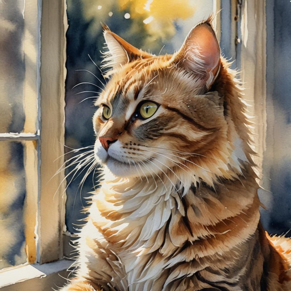 Impressionist Cat in Window with Sunlight