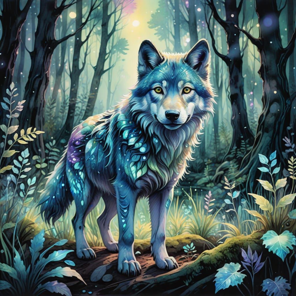 Mystical Wolf Pup in Bioluminescent Forest