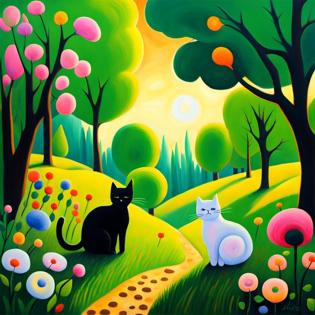 Surreal Landscape with Cats in Ethereal Art Style