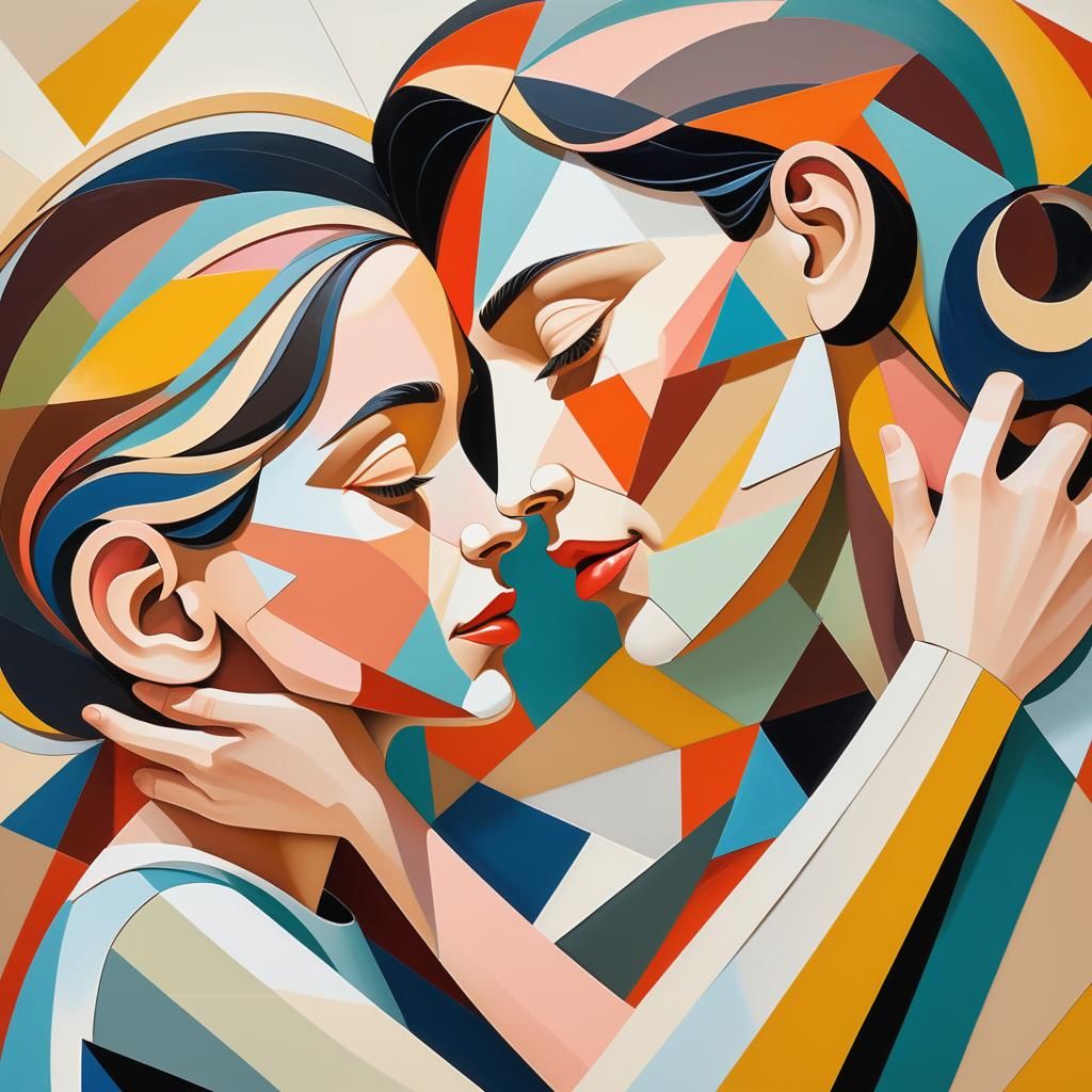 Geometric Mother and Daughter in Cubist Art Deco Style