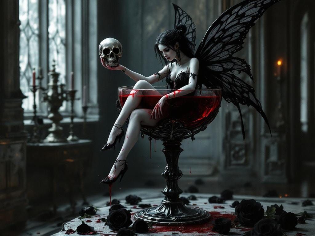 Gothic Fairy in Wine Glass: An Impasto Oil Painting