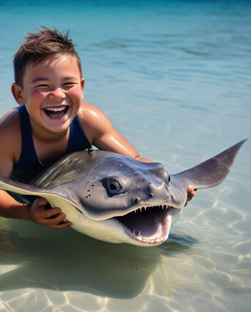 Excited Young Boy Holding a Stingray in Shallow Water