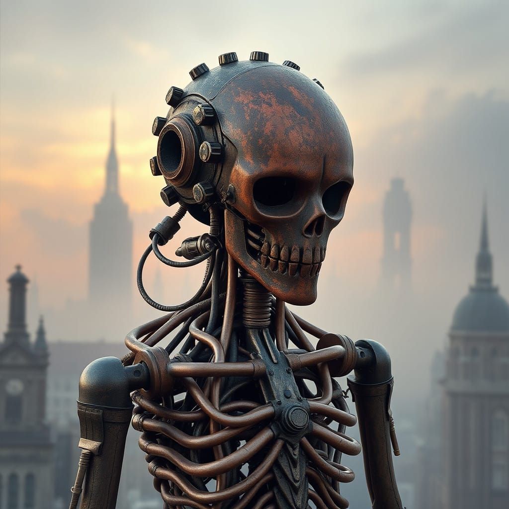 Steampunk Science Fiction Robot Amidst Victorian Cityscape