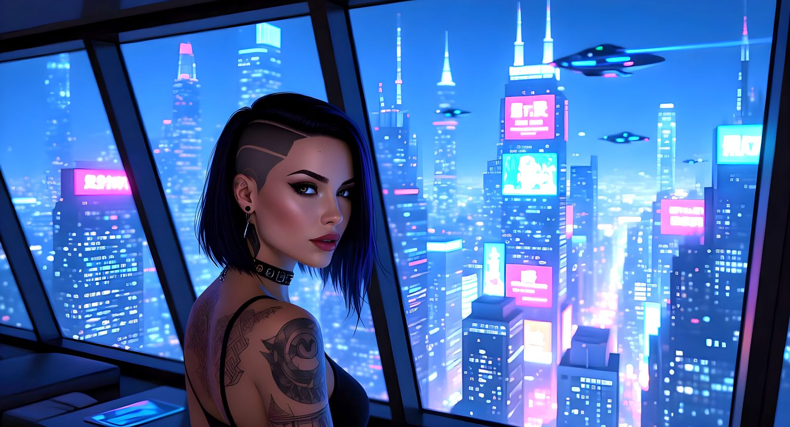 Cyberpunk Apartment View with Woman in Vinyl Outfit