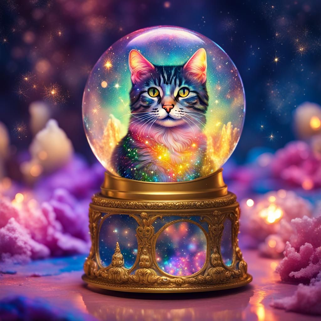 Tulip Cat Snow Globe in Cosmic Style