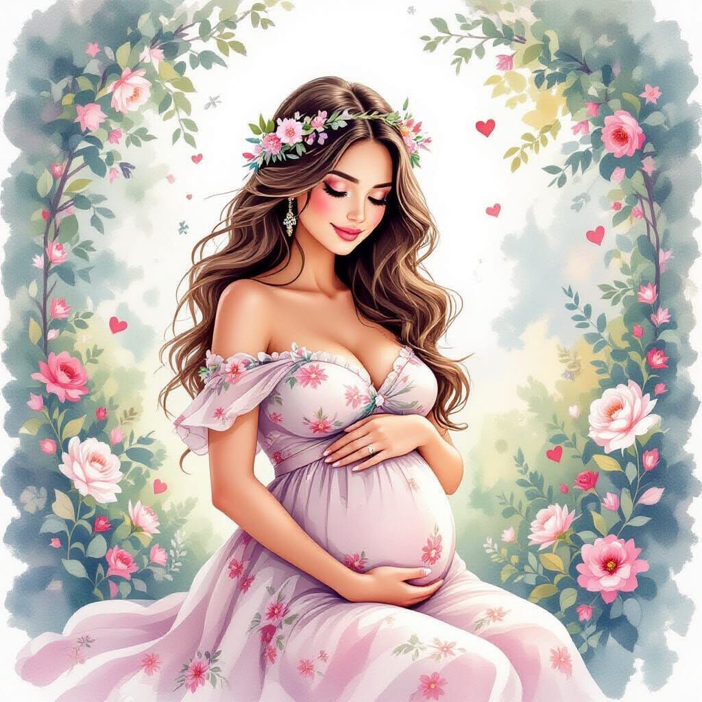 Pregnant Woman in Floral Dress with Flower Crown, Watercolor...