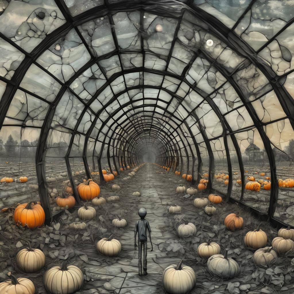 Surreal Pumpkin Patch Figure in Alcohol Ink Style