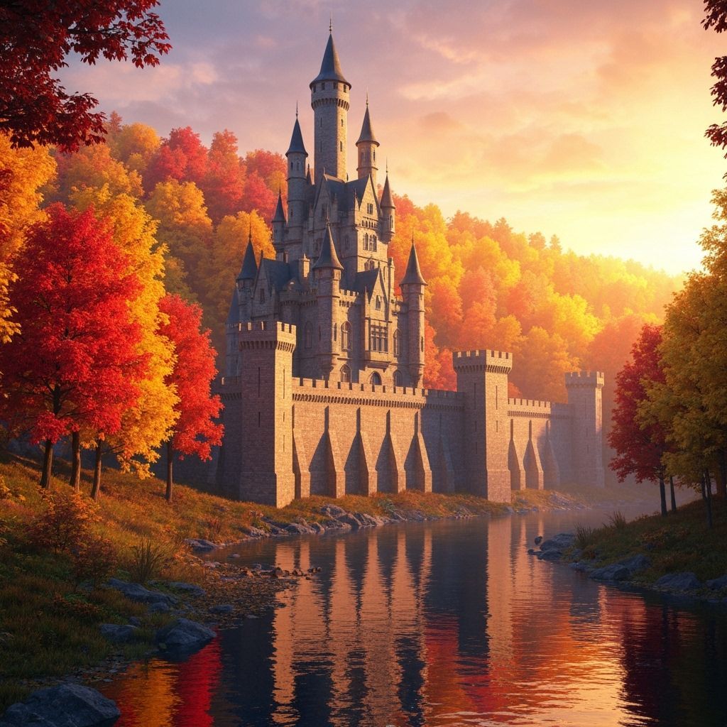Majestic 3D Castle in Fall Forest with River