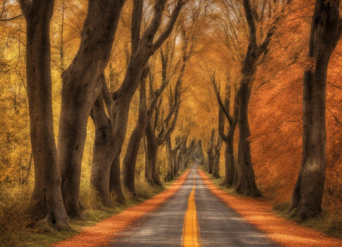 Autumn Road with Colorful Trees in Hyperrealistic Style