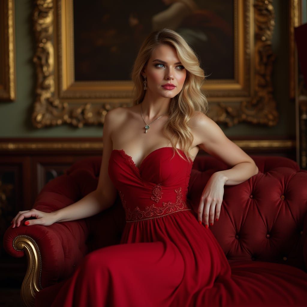 Elegant Kate Upton in Luxurious Velvet Sofa Setting