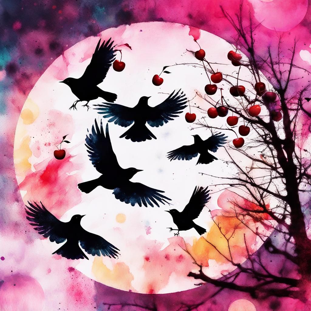 Blackbirds Bursting from Cherry Pie: Watercolor Splash Art