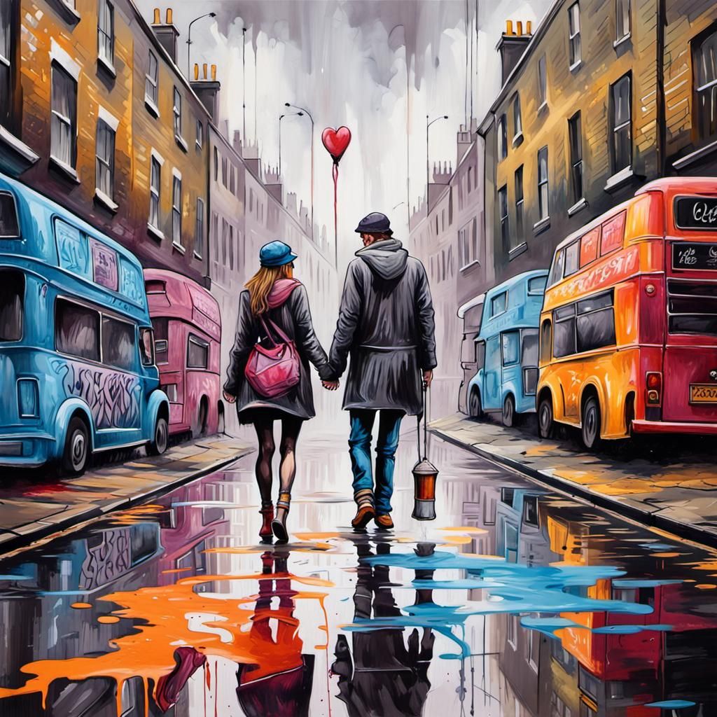 Misty 1880s London Street Scene in Graffiti Art Style