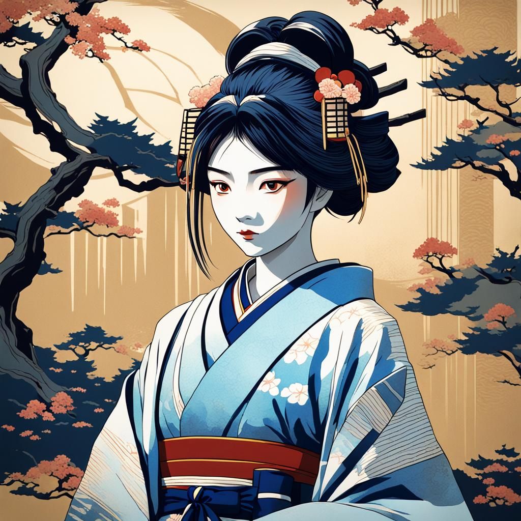 Geisha in Kimono: Ukiyo-e Style Anime Art