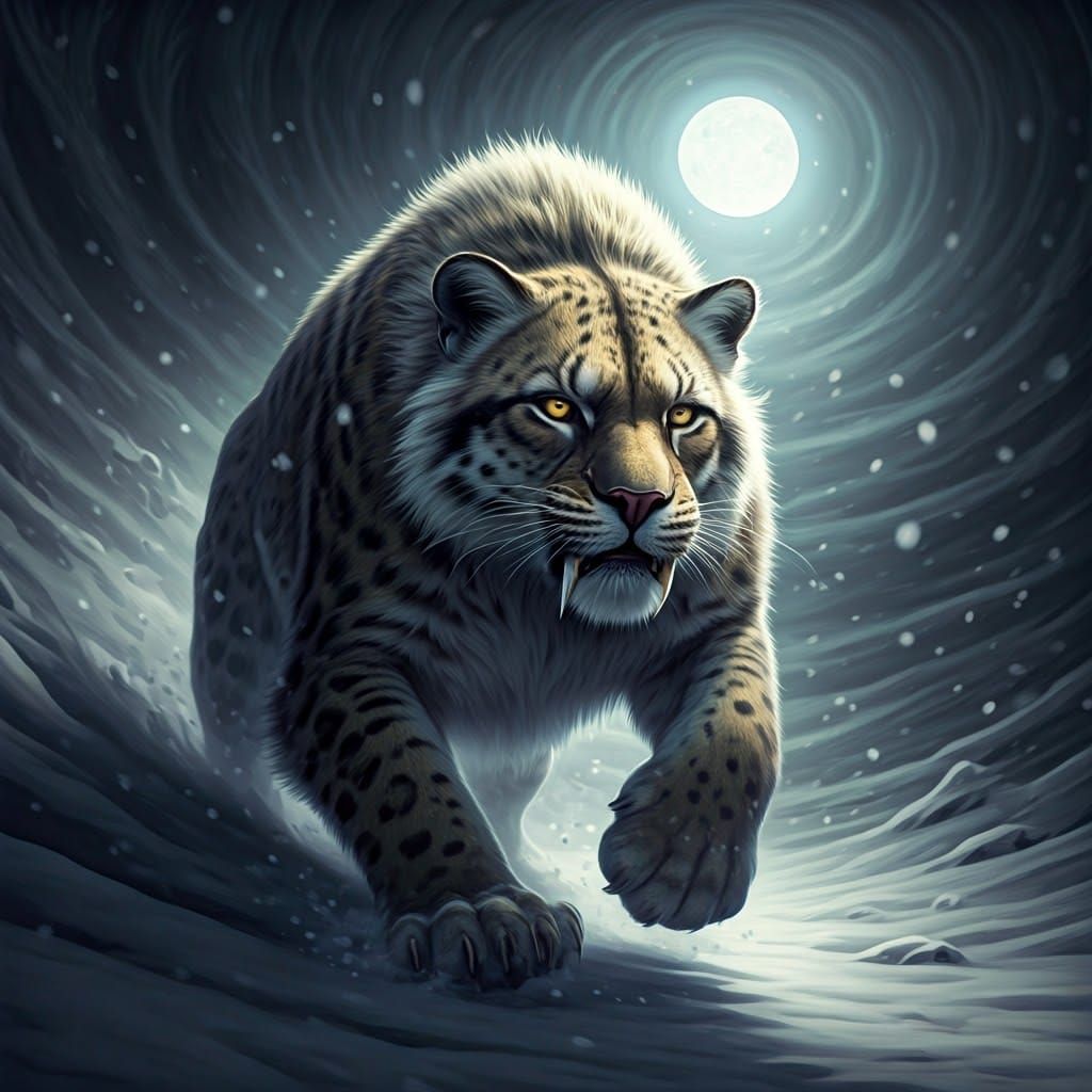 Majestic Sabertooth Emerges from Snowstorm in Primal Power