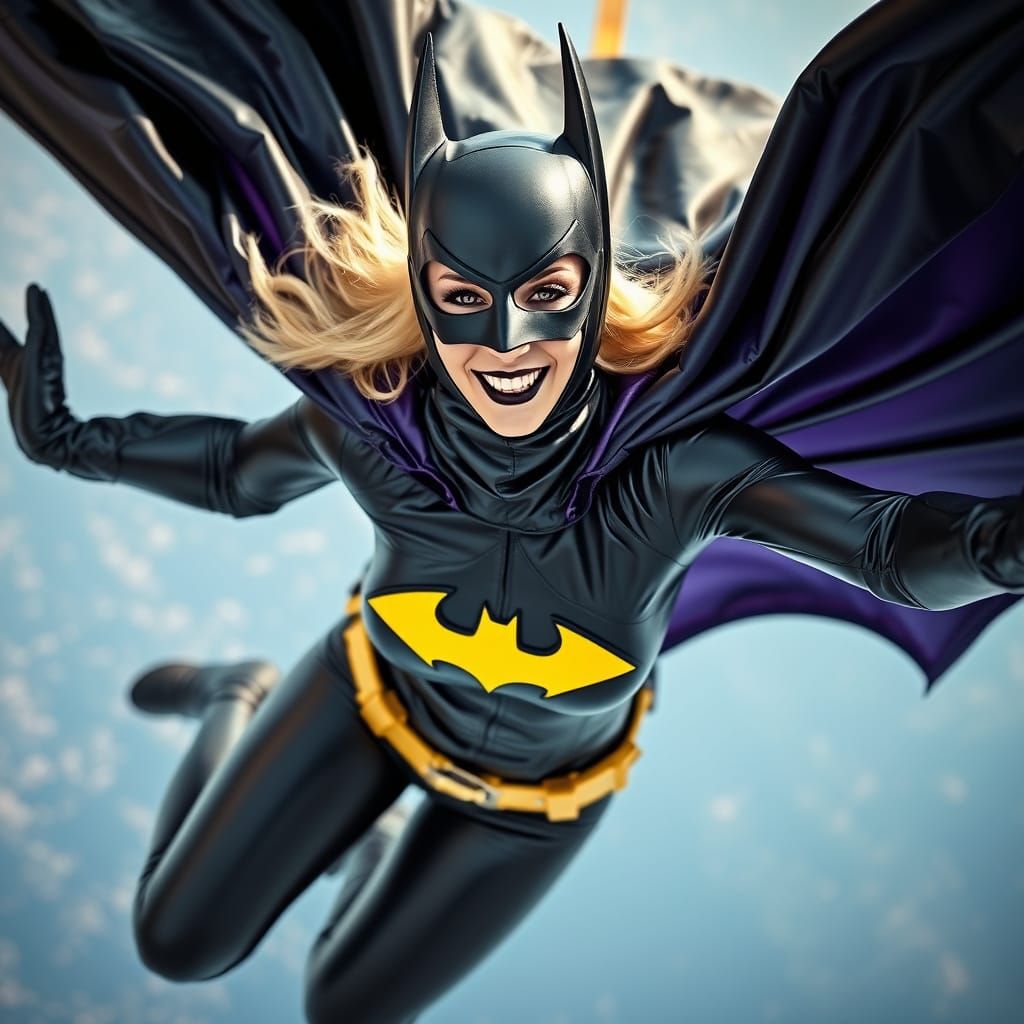 Cyberpunk Woman in Full Batgirl Suit Skydives with Shimmerin...