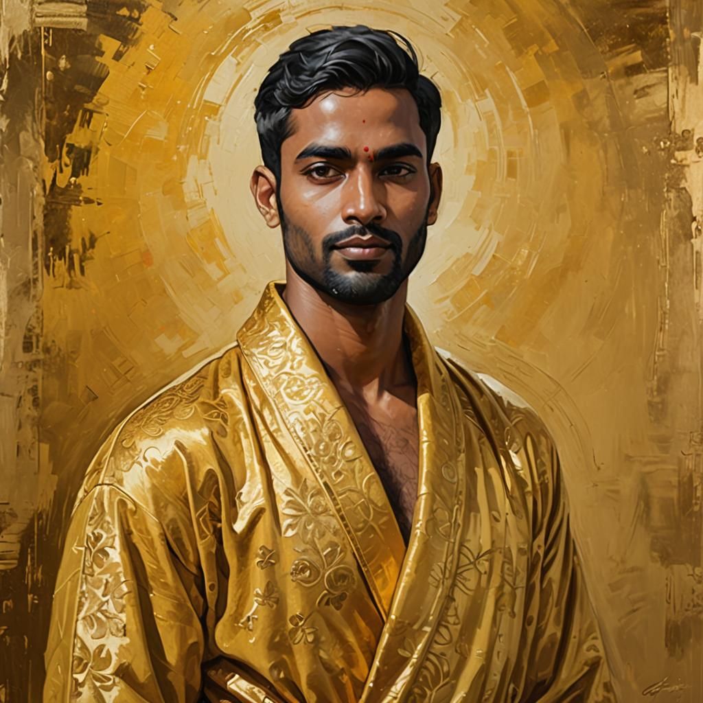 Hindu Man in Gold Robe: Impressionist Oil Painting