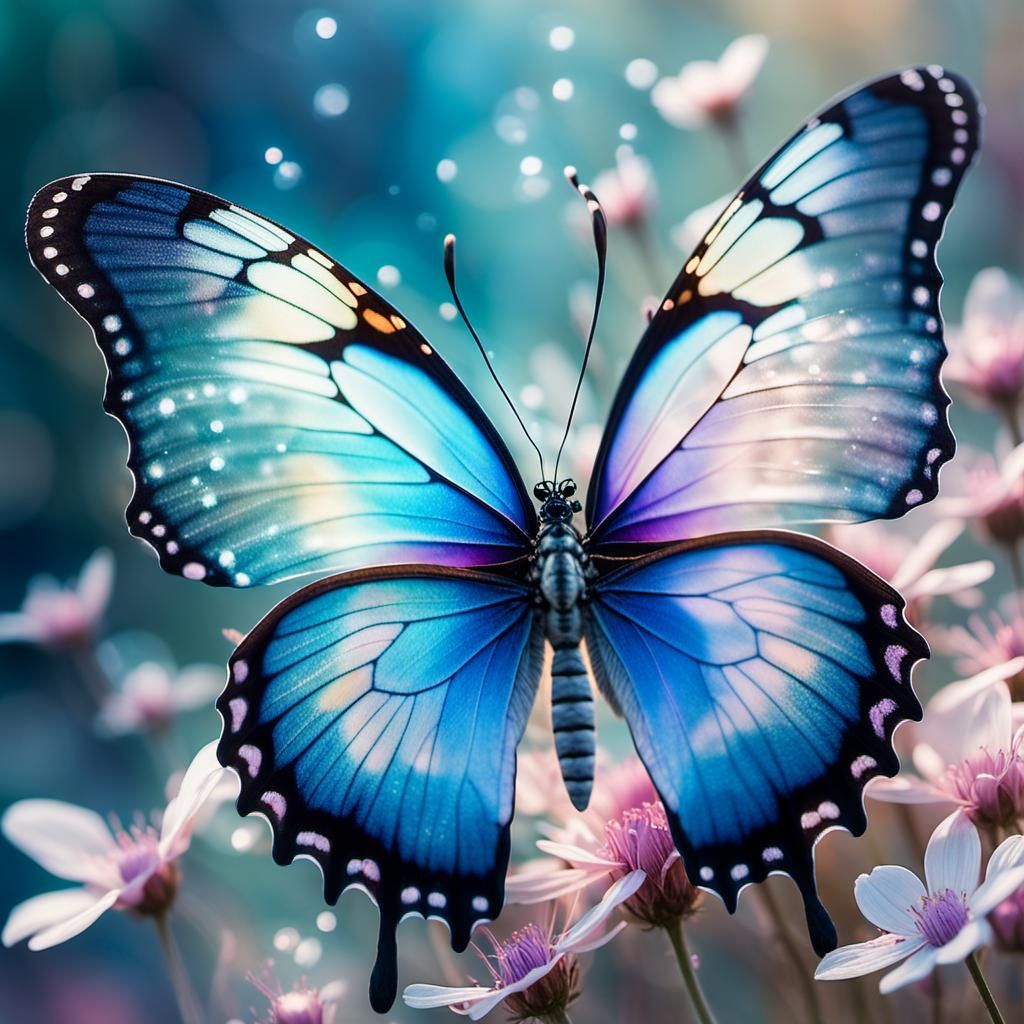 Iridescent Butterfly on Ethereal Flower, Surrealist Style