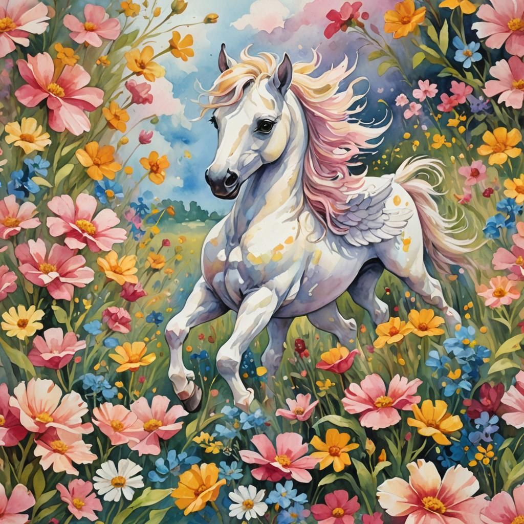 Baby Pegasus in Flower Field: Gouache Impressionist Style