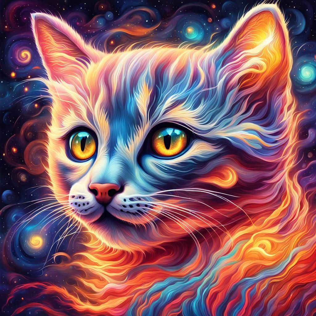 Fiery Kitten Floating in Astral Cosmos