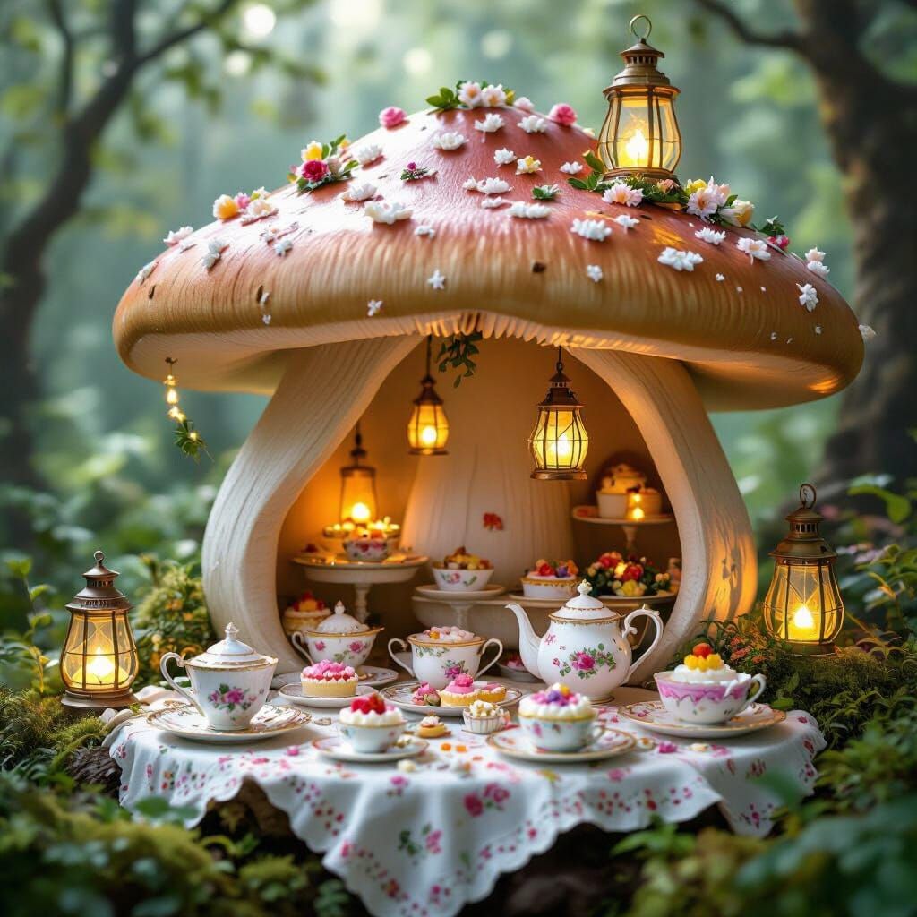 Enchanted Mushroom Tea Party with Glowing Lanterns