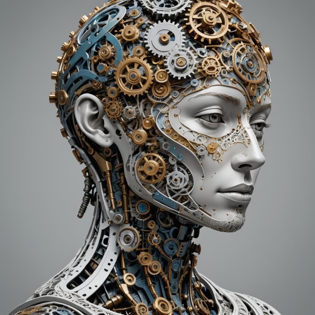 Abstract Mechanical Head Sculpture in Digital Art Style