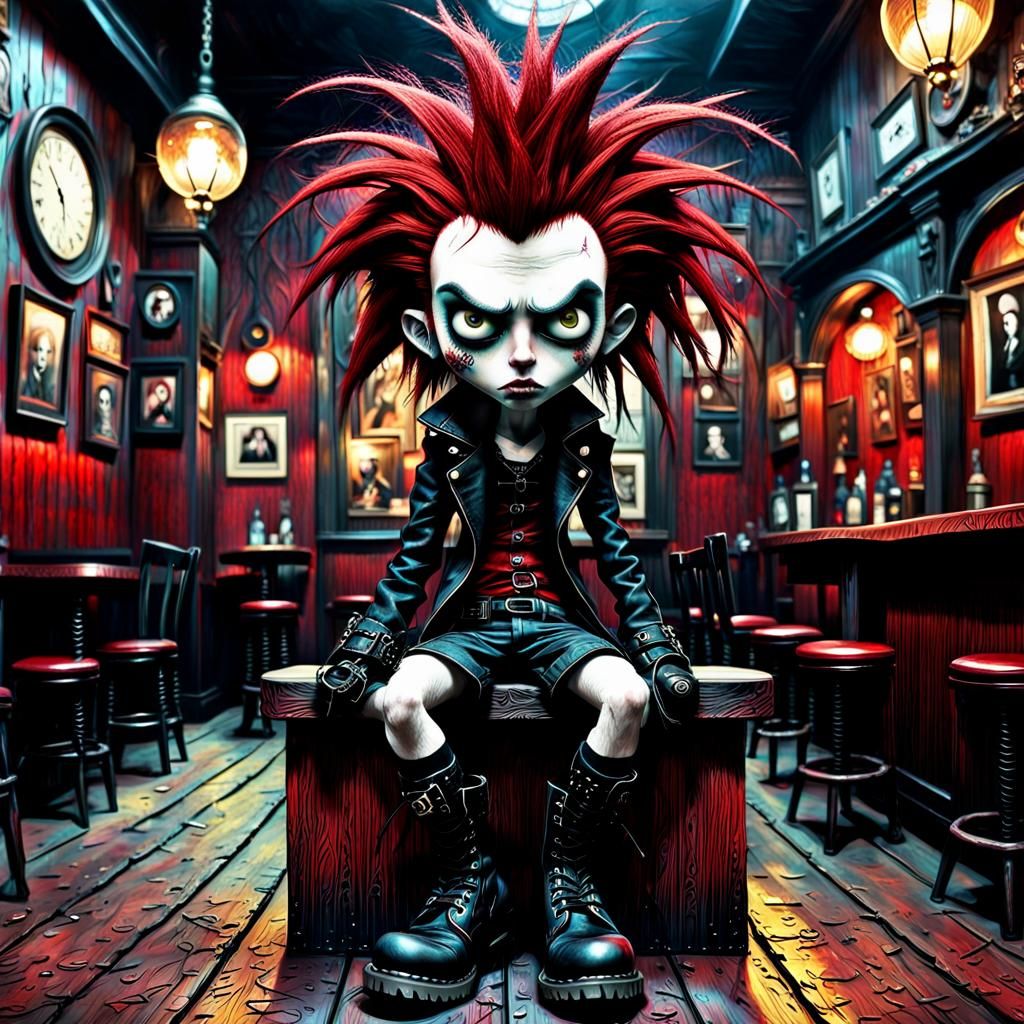Gothic Punk Rocker in British Pub, Hyperrealistic