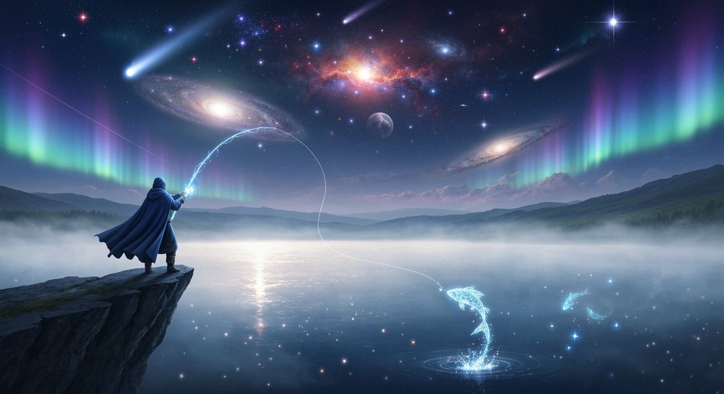 Fantasy Fisherman Above Misty Lake Under Cosmic Sky
