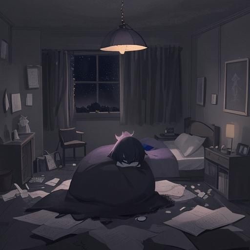 Sad Boy Sleeps in Cluttered Room at Night