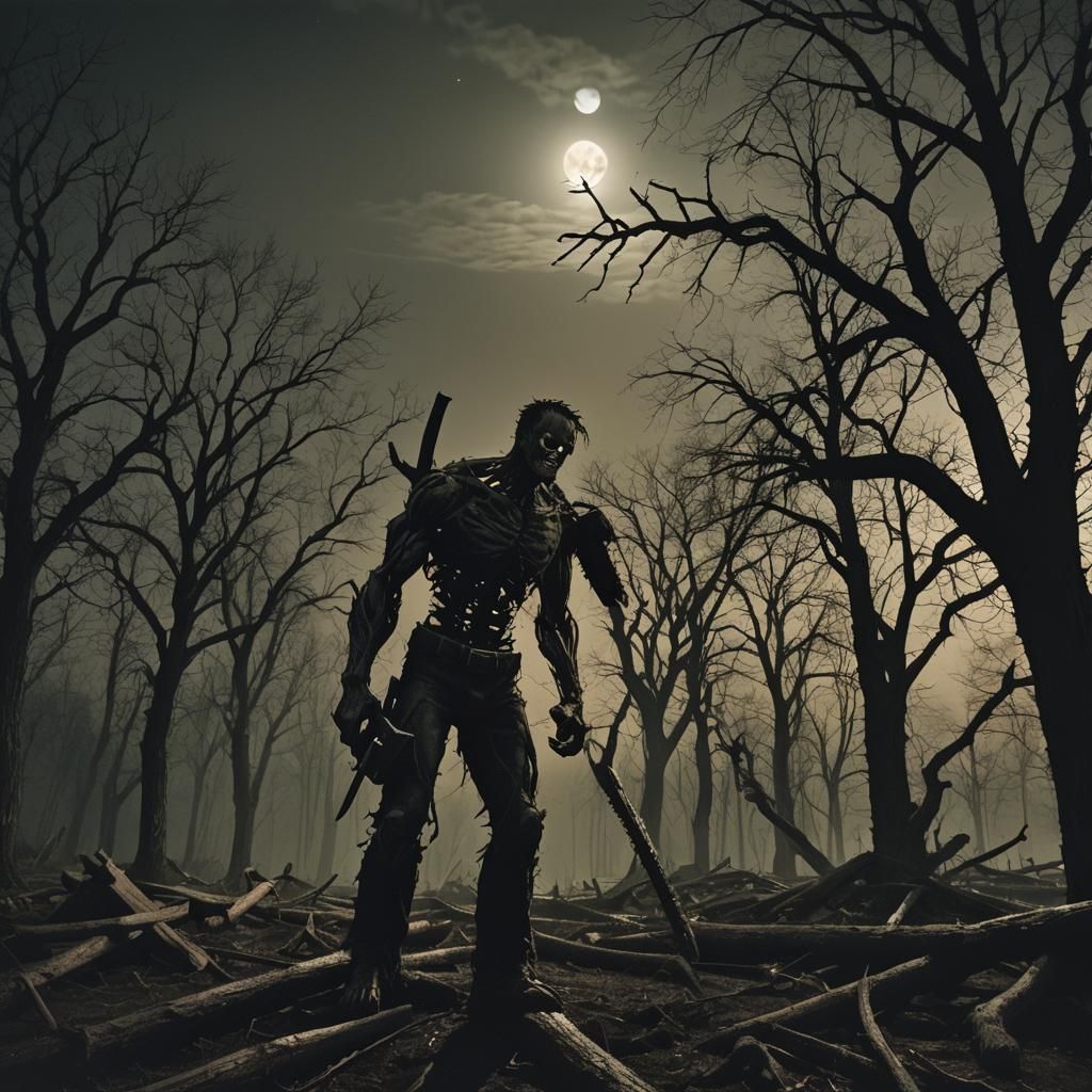 Zombie Figure in Moonlit Forest, Surreal Gritty Style