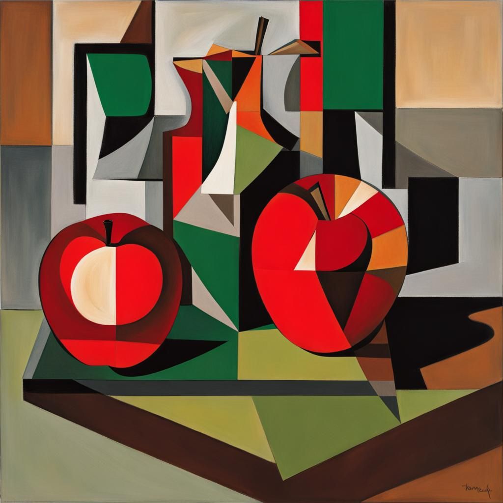 Cubist Still Life: Apple and Iron in Dim Light