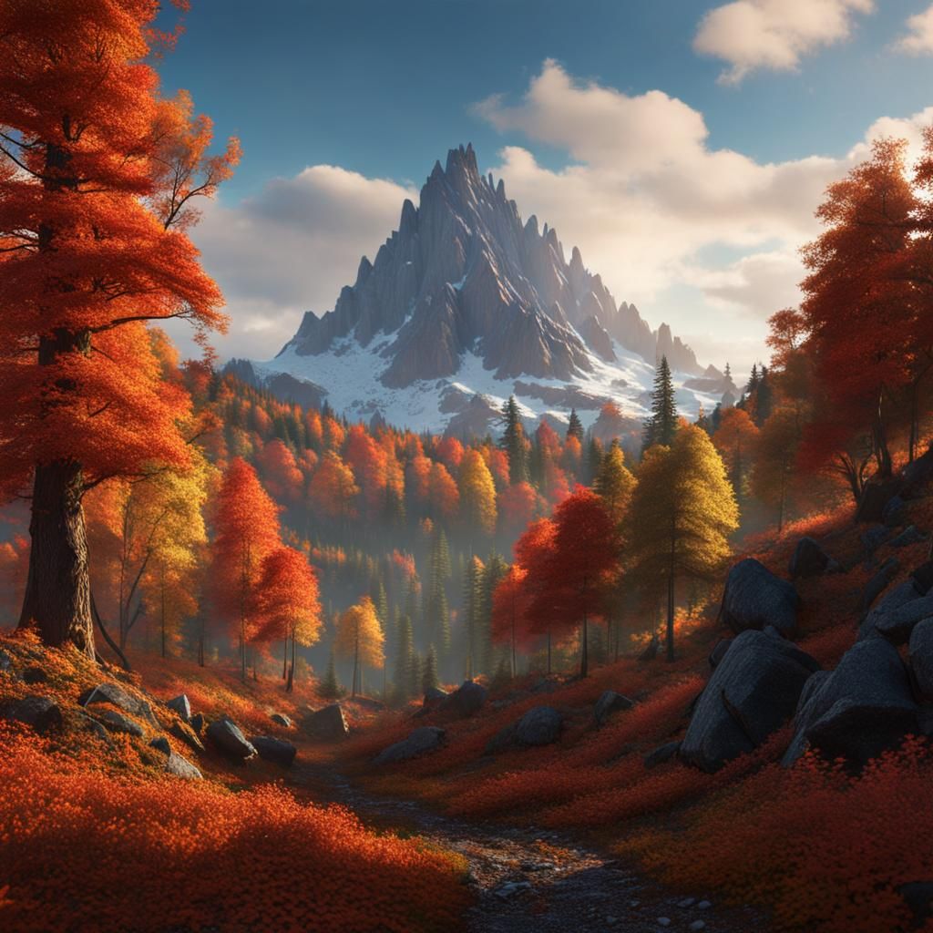 Autumnal Forest Hiking Trail in Matte Painting Style