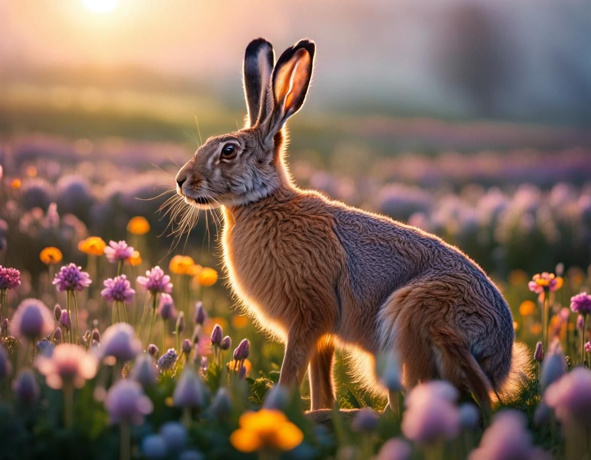 European Hare in Spring Flower Field, Black Light Art