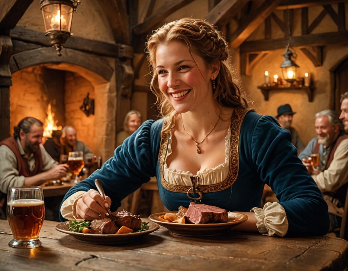 Medieval Tavern Scene: Beautiful Woman in Rubens Style