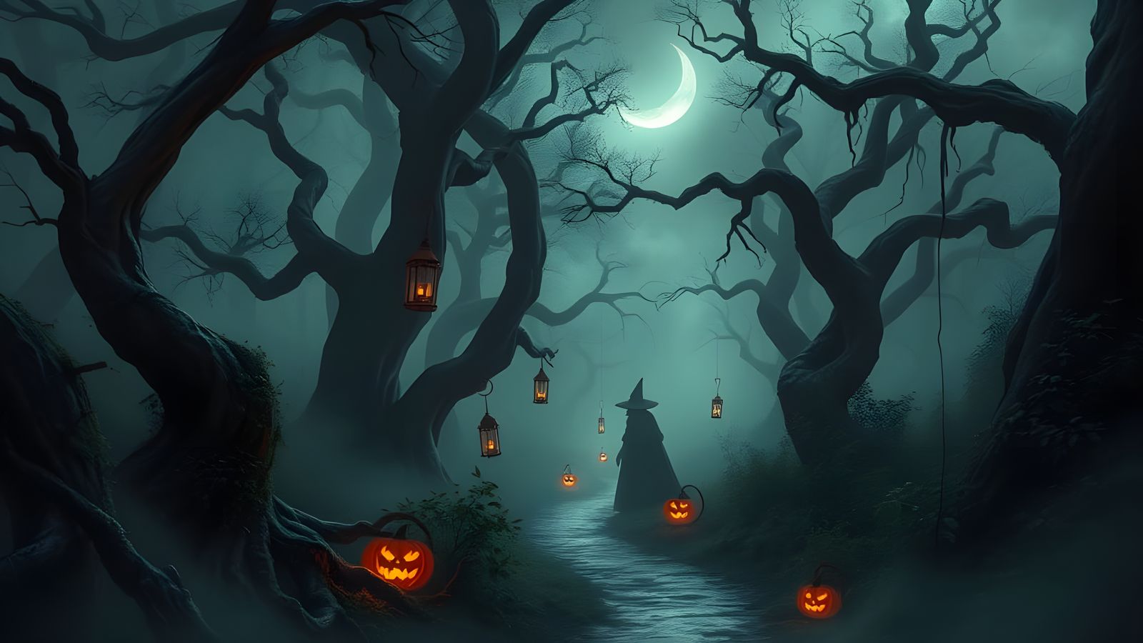 Eerie Halloween Forest with Witches and Lanterns