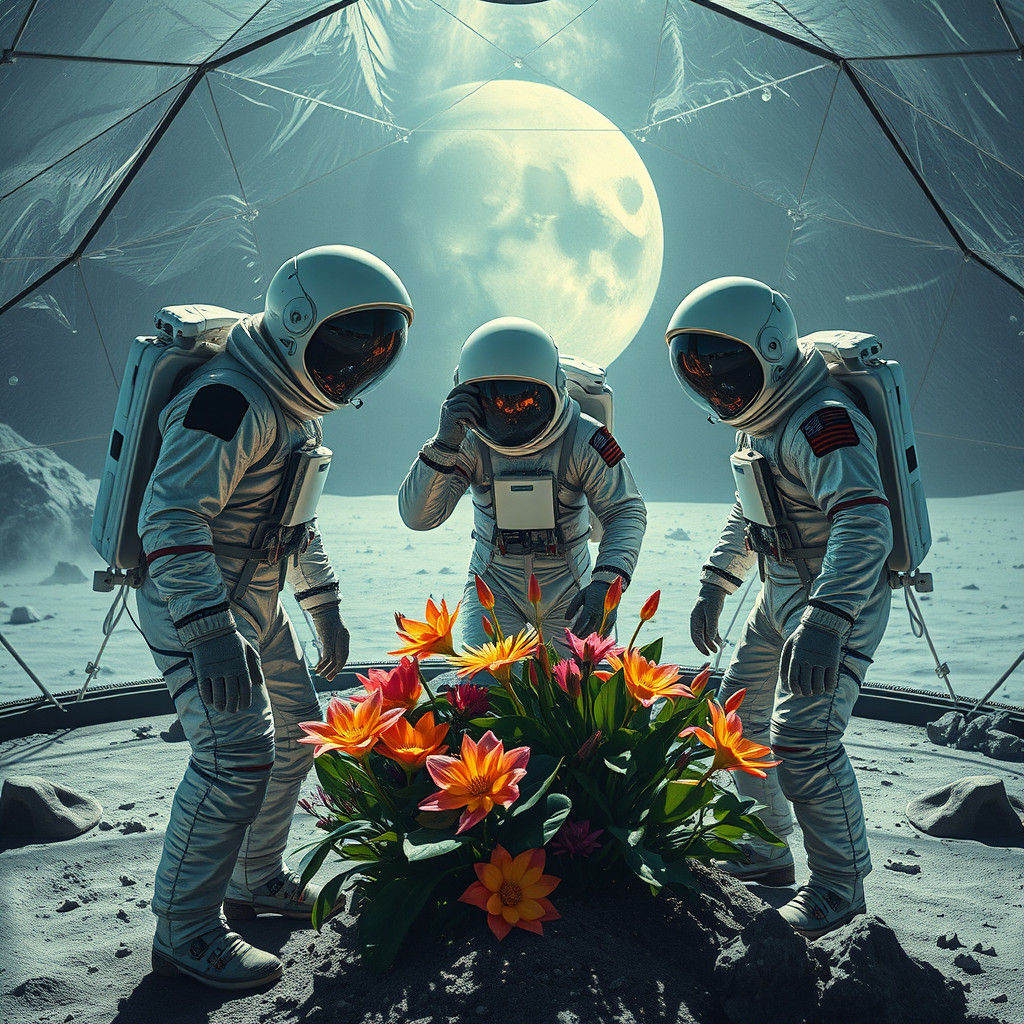 Astronauts Tend Lunar Flowers in Surreal Dome
