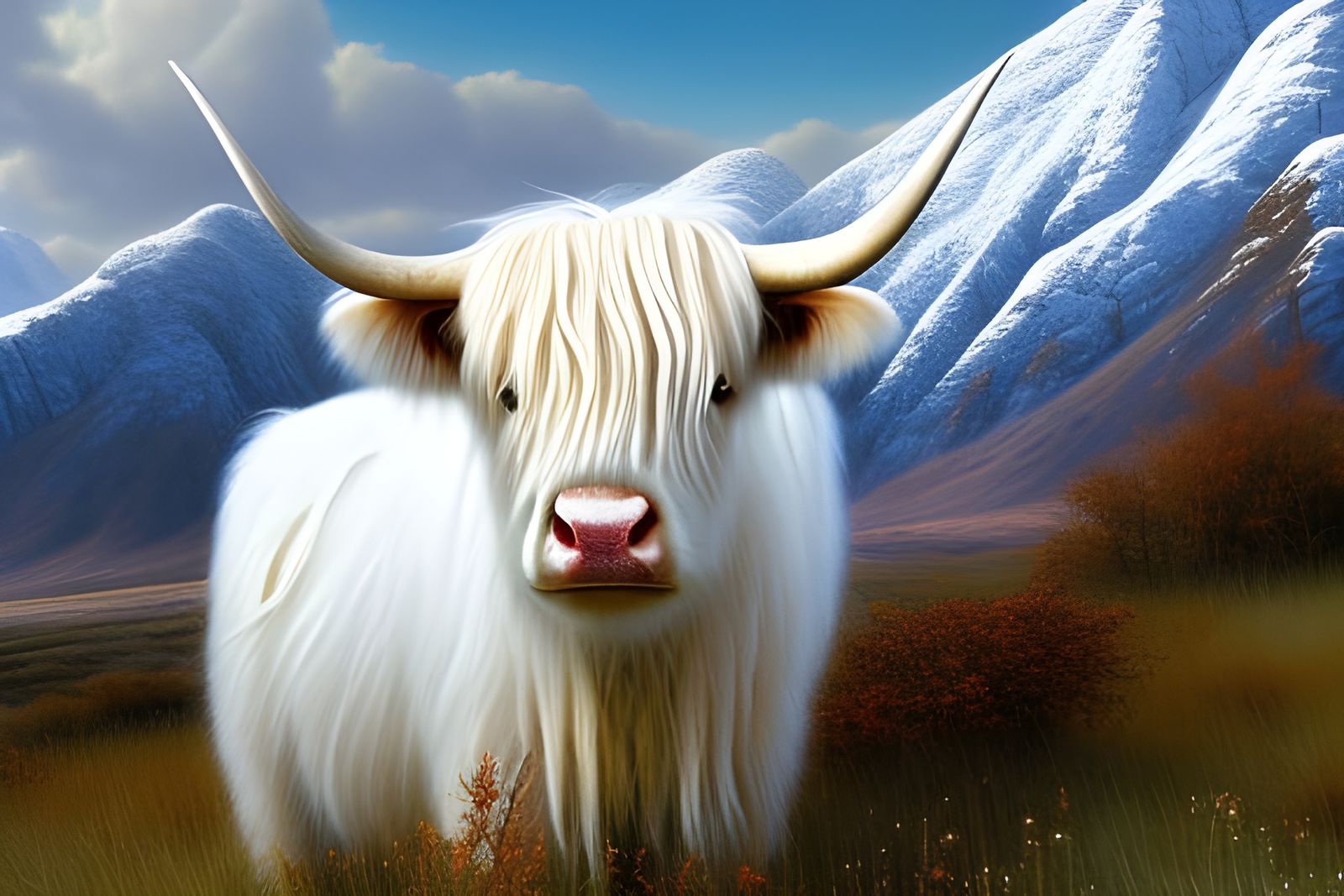 Albino Highland Cow in Snowy Mountain Pasture