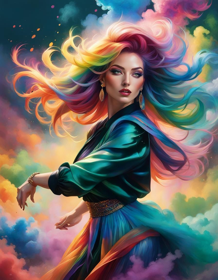 Woman Dancing in Multicolored Smoke, Hyperrealistic Art