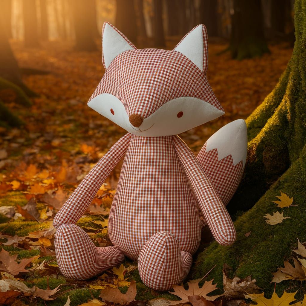 Gingham Fox Plush in Autumn Forest