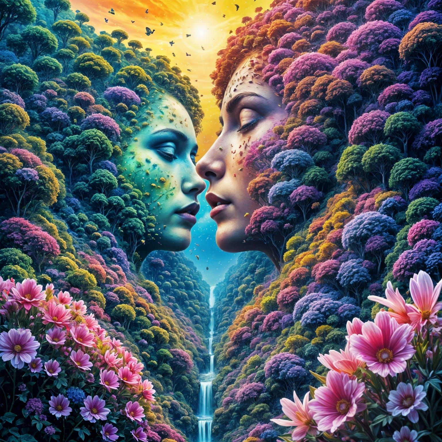 Surreal Bloom: Vibrant Flowers and Distorted Greenery in a D...