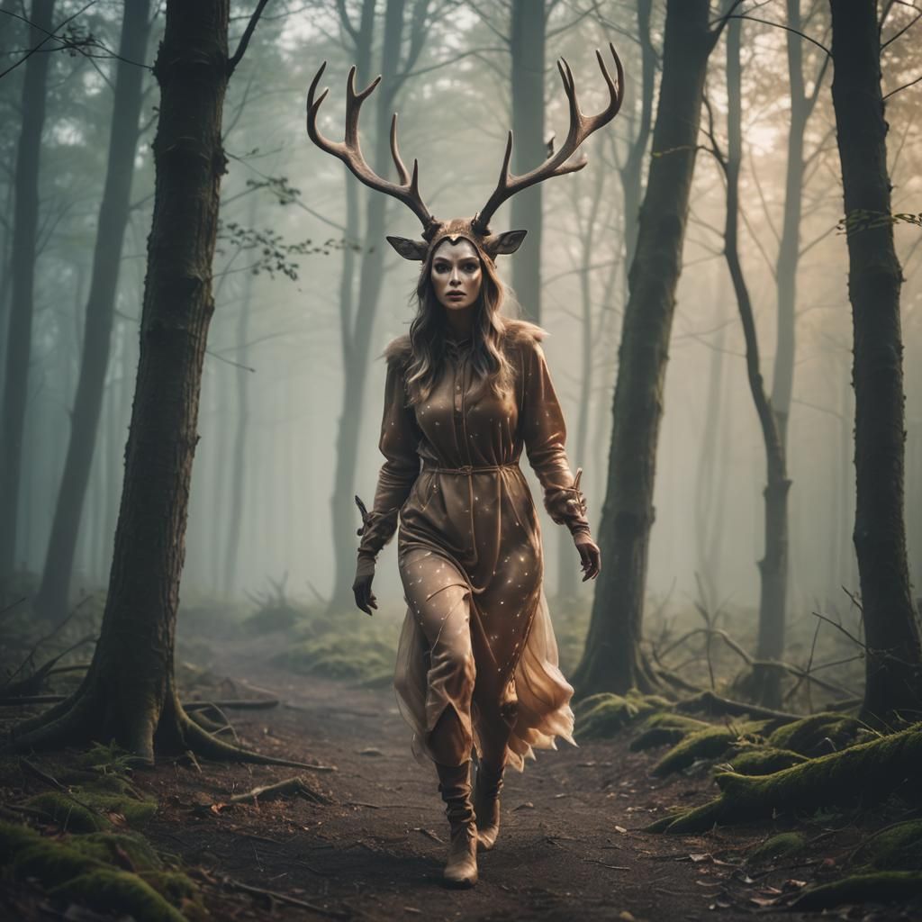 Woman in Deer Costume in a Misty Forest