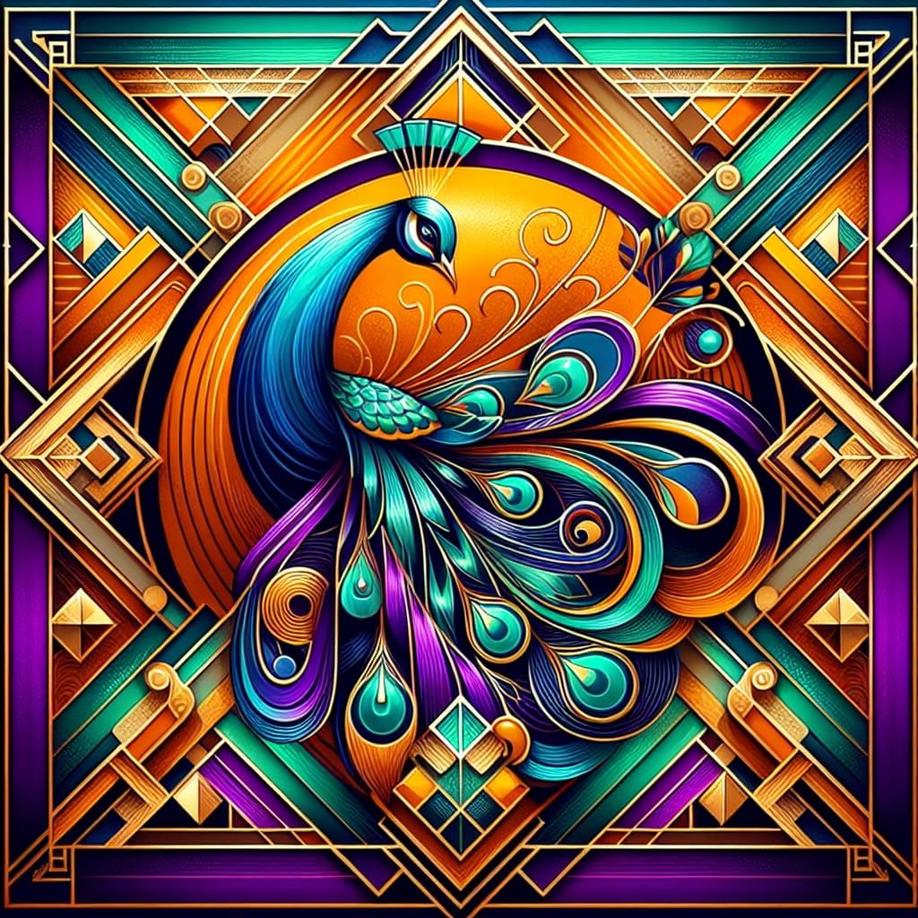 A stunning Art Deco design featuring a stylized peacock with its feathers fanned out. The peacock's body is in rich purp...