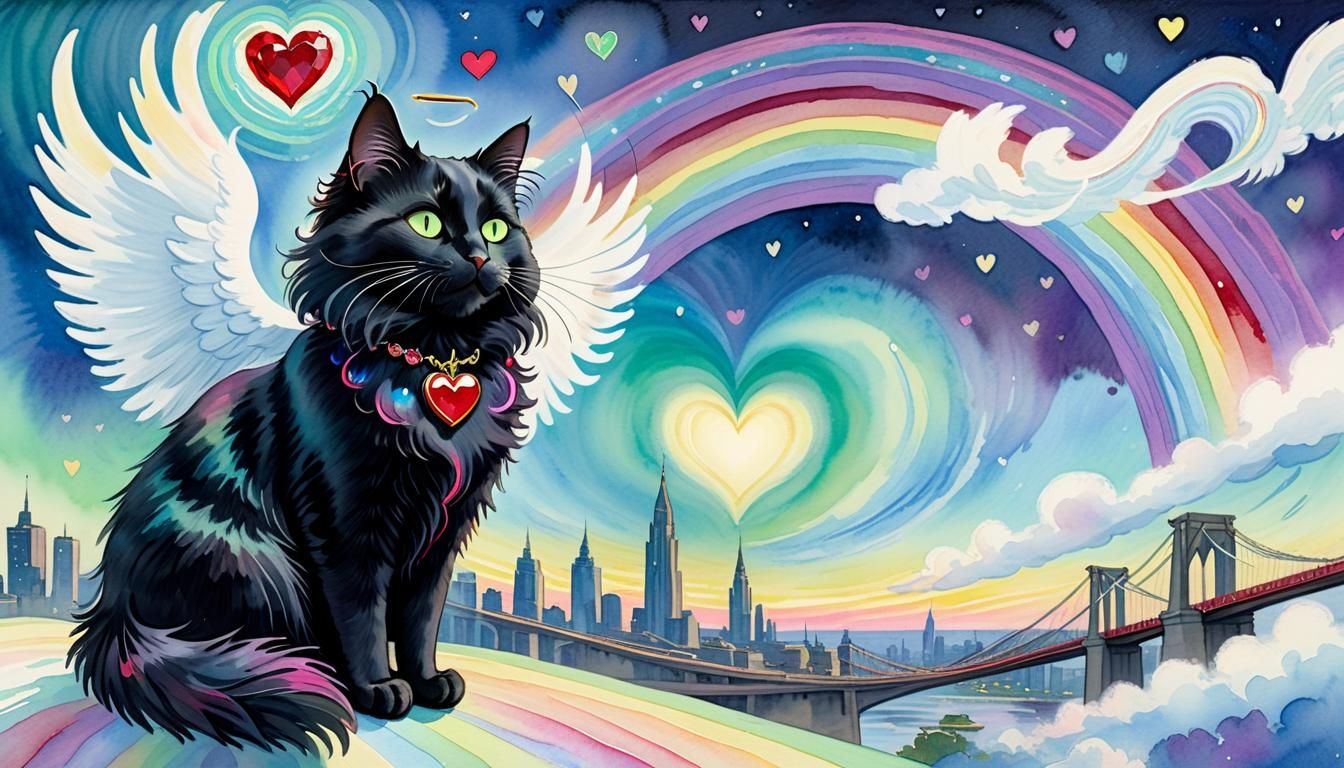 Whimsical Cat with Angel Wings Watercolor Painting