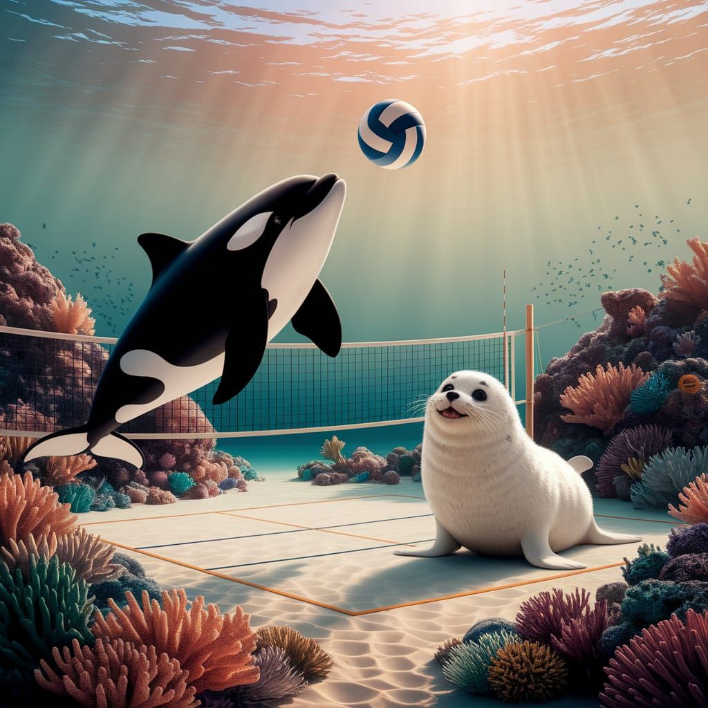 Orca and Seal Play Volleyball Underwater