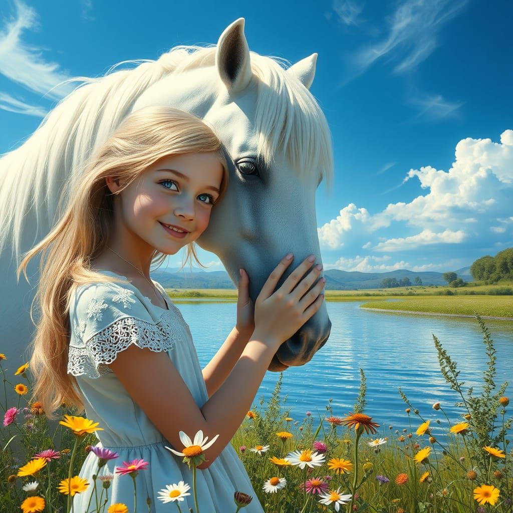 Girl and Unicorn in Flower Field, Digital Art