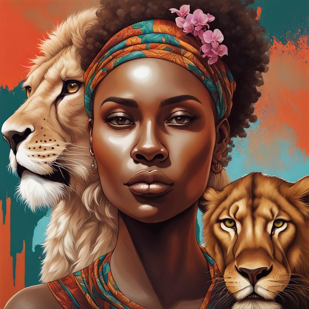 Kenyan Woman Merging With Lioness in Acrylic Portrait