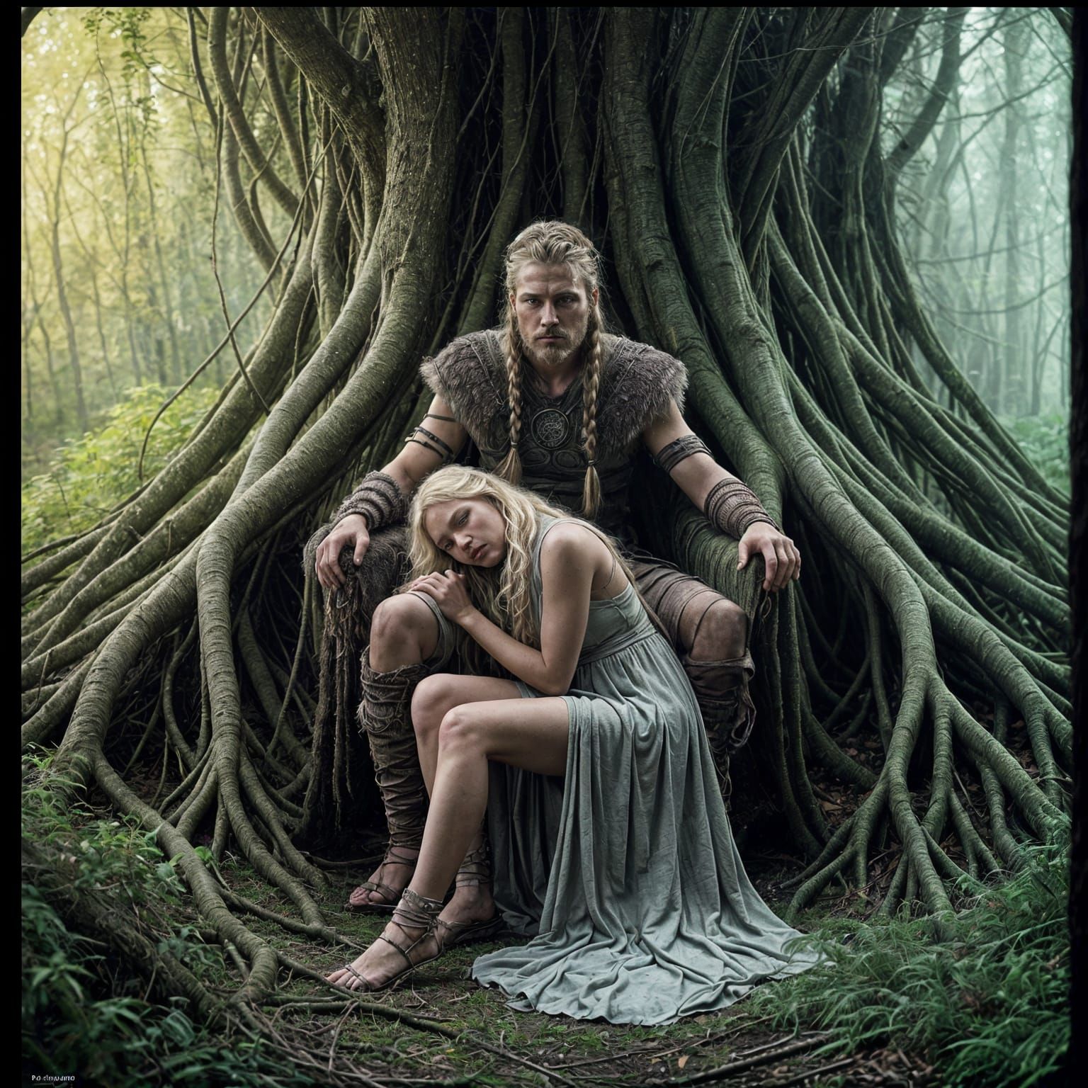 Viking Warrior and Woman in Enchanted Grove