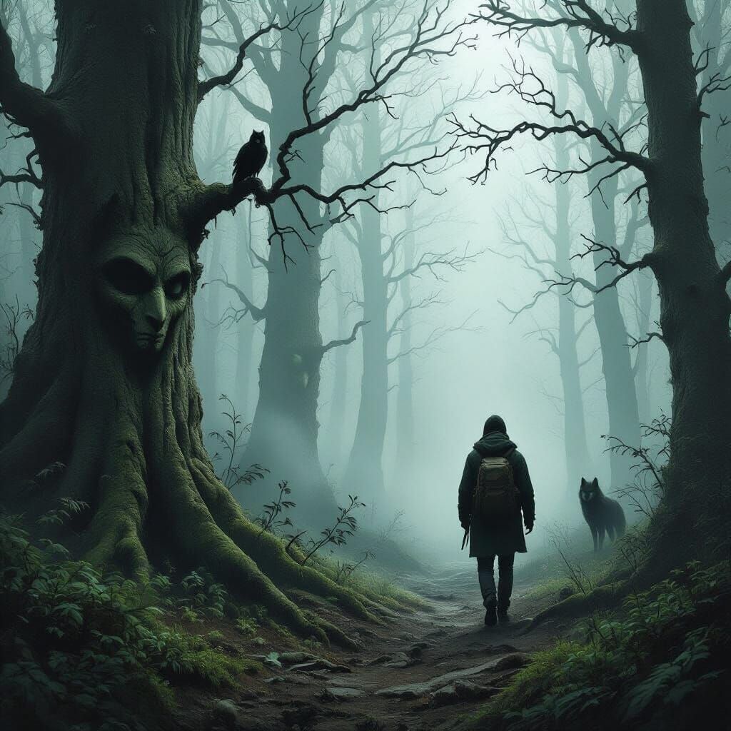 Fearful Hiker in Eerie Misty Forest with Hidden Faces