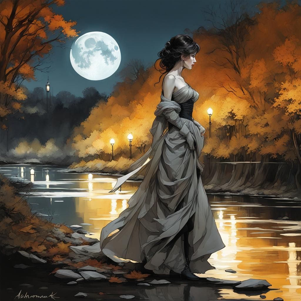 Portrait of a stunning lady walking near river