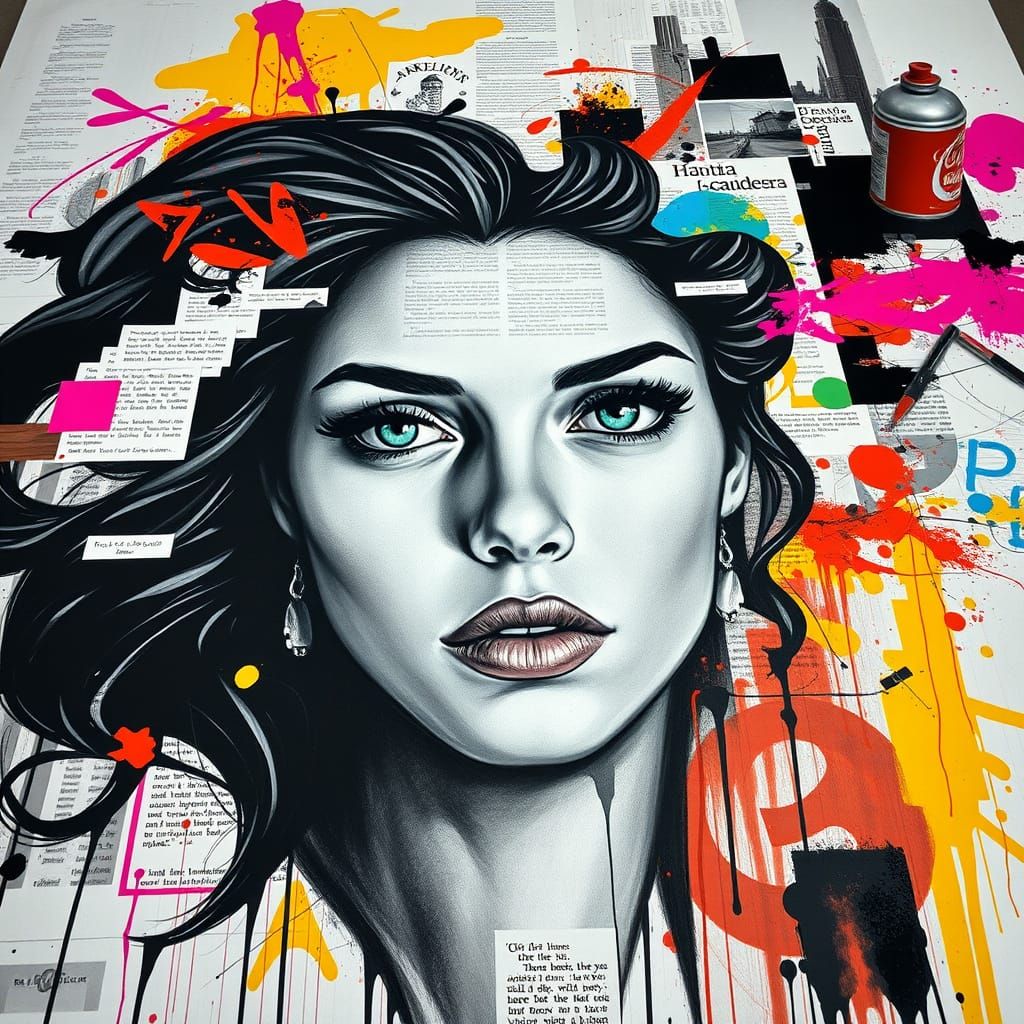 Woman's Intense Portrait in Black and White with Vibrant Acc...