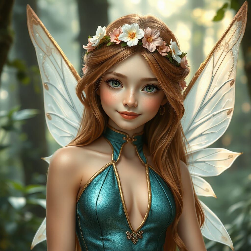 Young Fairy with Teal Gown in Digital Art Style